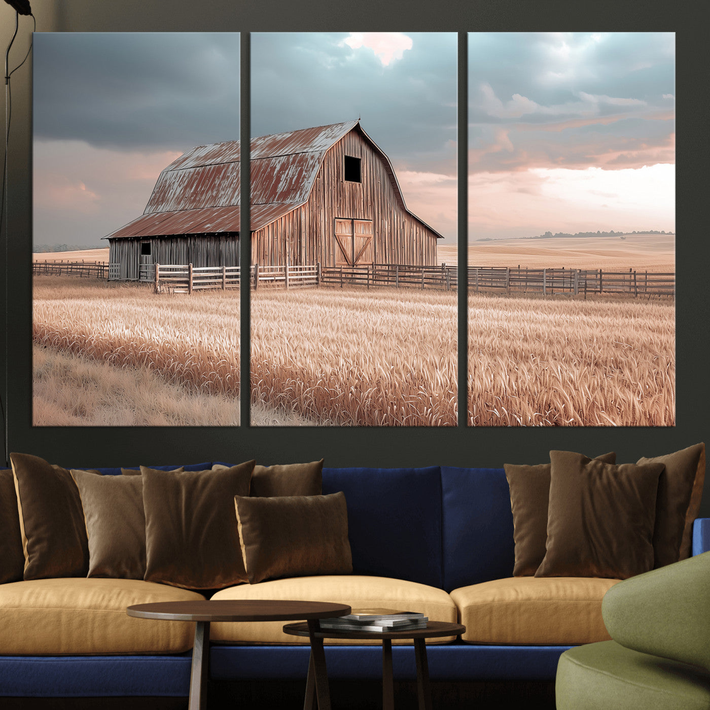 36878364-MGV-CV-48X32-3P-Rustic Barn Wall Art Canvas Print, Framed Wheat Field Art Picture Print, Sunset Barn Perfect Vintage Farmhouse Decor Artwork