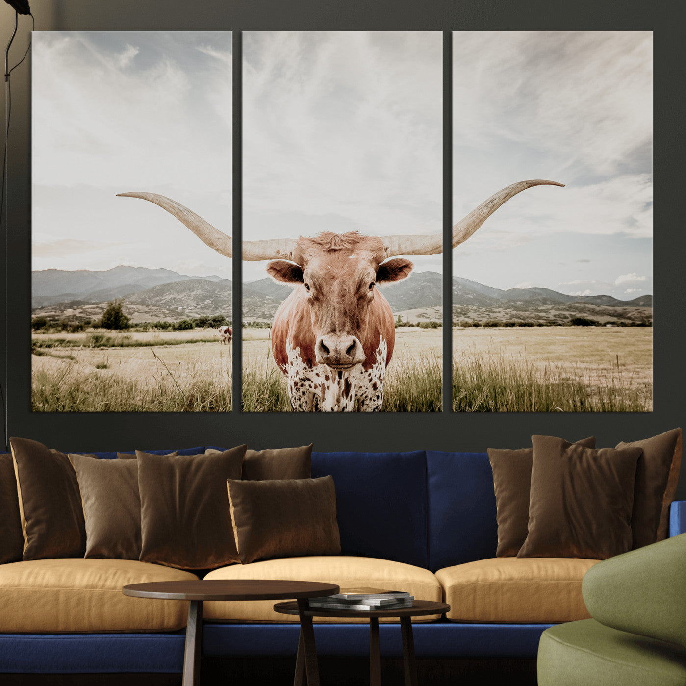 80054319-MGV-CV-36X24-Texas Longhorn Wall Art Canvas Print – Framed Western Cow Scene with Rustic Farmhouse Artwork for Home, Office