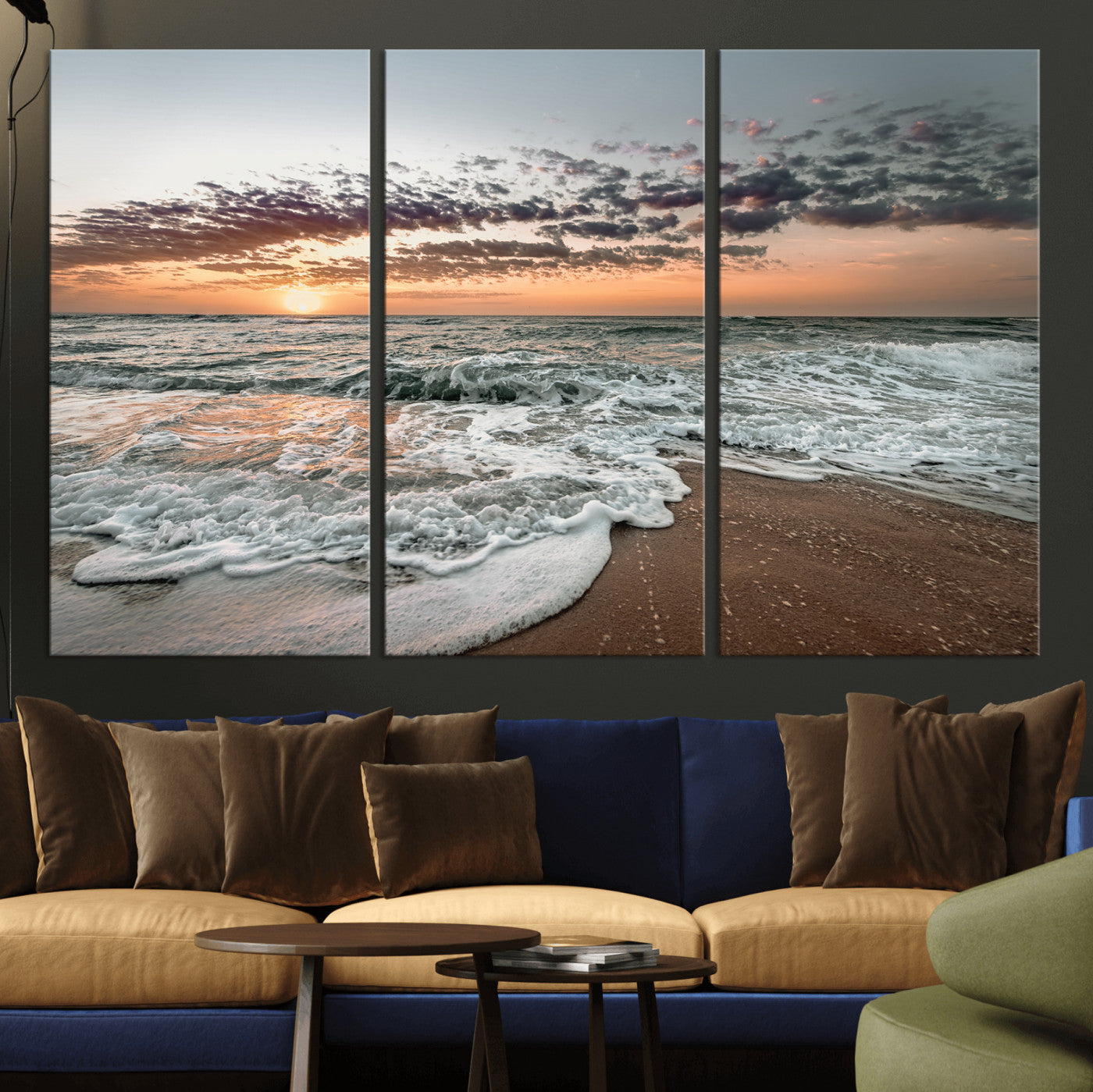 40632752-MGV-CV-36X24-Ocean Sunset Wall Art Canvas Print – Framed Beach Waves Scene with Coastal Artwork for Home, Office, Living Room