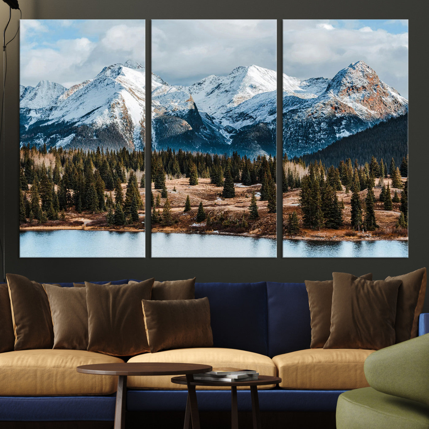-Snowy Peaks Wall Art Canvas Print, Framed Alpine Lake Art Picture Print, Pine Forest Perfect Alpine