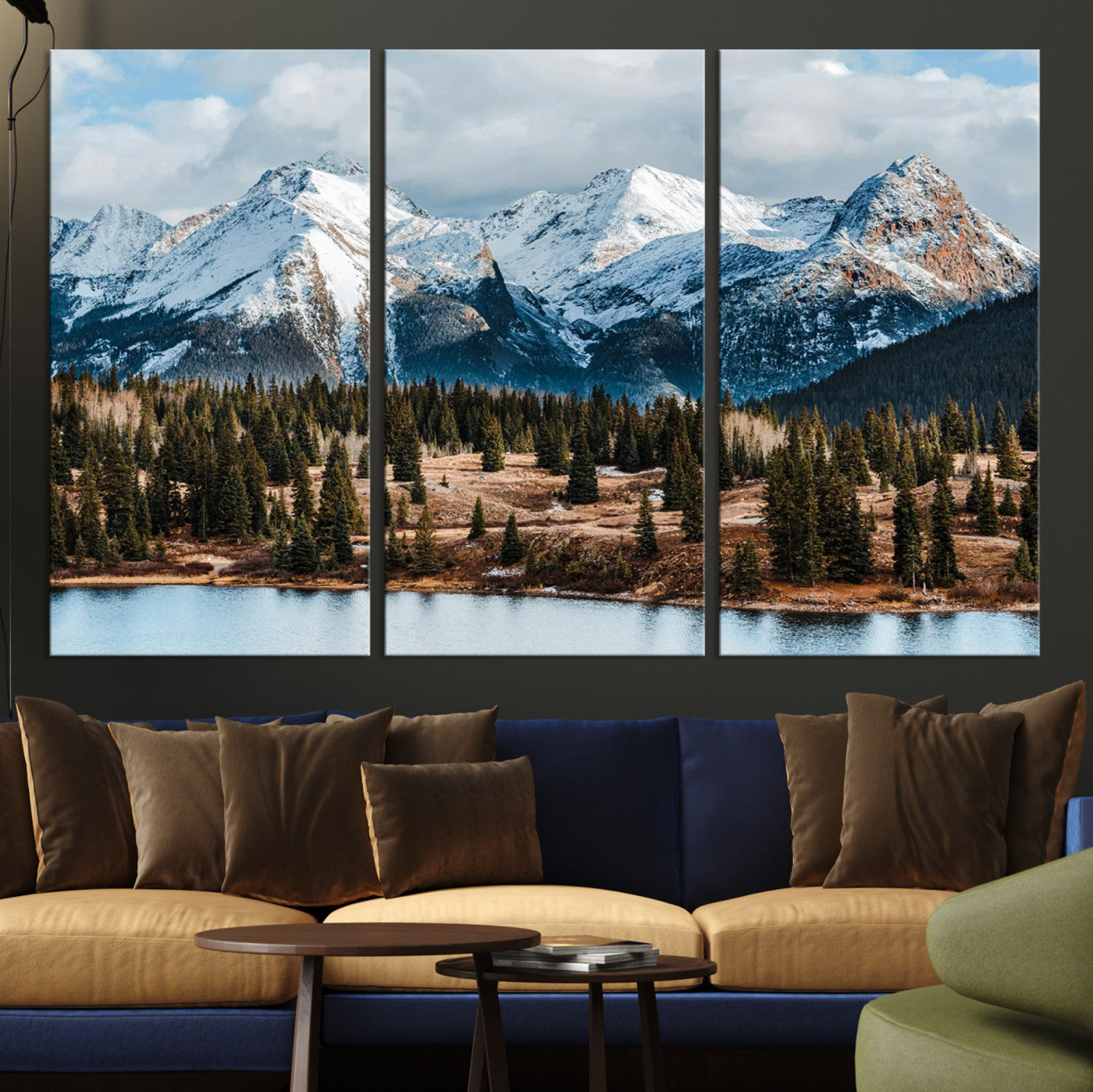 -Snowy Peaks Wall Art Canvas Print, Framed Alpine Lake Art Picture Print, Pine Forest Perfect Alpine