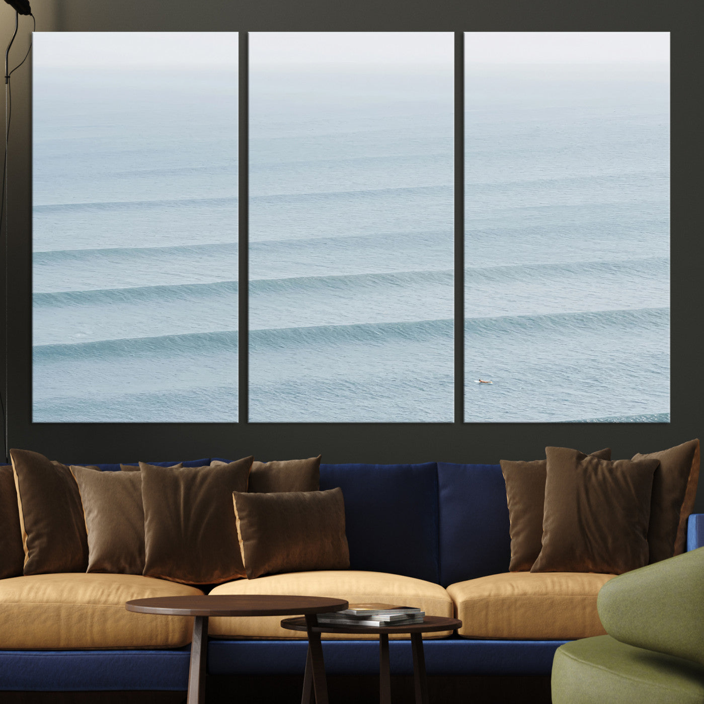 -Ocean Waves Wall Art Canvas Print, Framed Solo Surfer Art Picture Print, Wave Lines Perfect