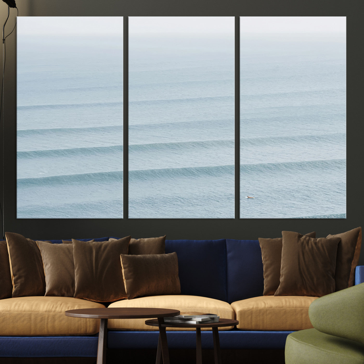 -Ocean Waves Wall Art Canvas Print, Framed Solo Surfer Art Picture Print, Wave Lines Perfect