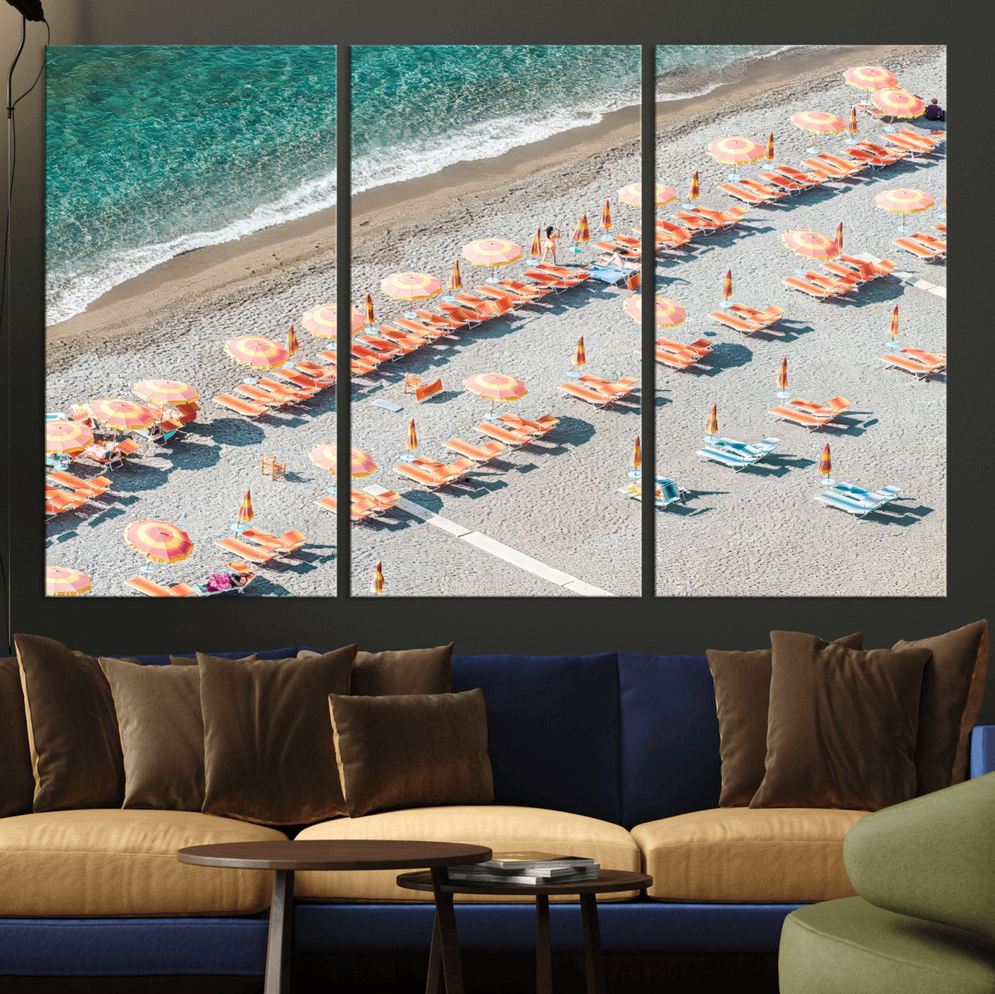 27805351-MGV-CV-36X24 - Beach Umbrellas Wall Art – Orange Loungers & Turquoise Water Canvas Print, Sandy Shore and Summer Vibes