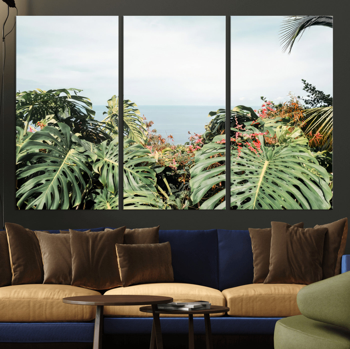 45700479-MGV-CV-36X24 - Tropical Greenery Wall Art – Exotic Leaves & Ocean View Canvas Print, Sunlit Paradise and Vibrant Nature for Living Room or Coastal Decor