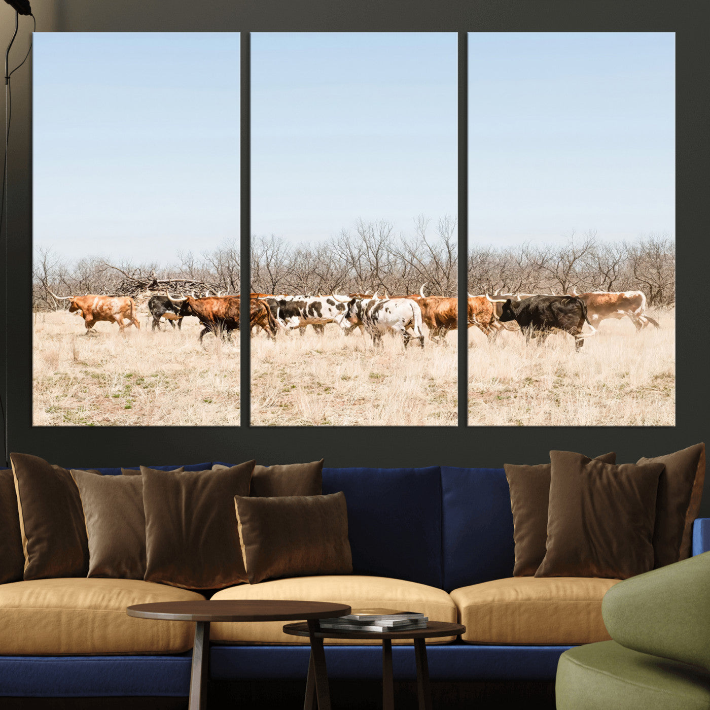 16563092-MGV-CV-36X24-Texas Longhorns Wall Art Canvas Print – Framed Western Cattle Rustic Herd Farmhouse Country Animal Artwork for Home Office