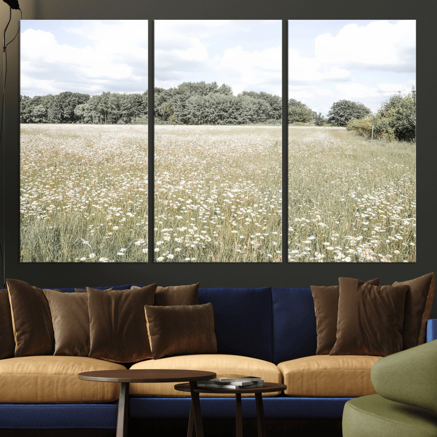 43258946-MGV-CV-36X24-Charming Daisy Field Wall Art Canvas Print – Framed Pastel Flower Meadow Bloom Scandinavian Minimal Artwork for Home Office