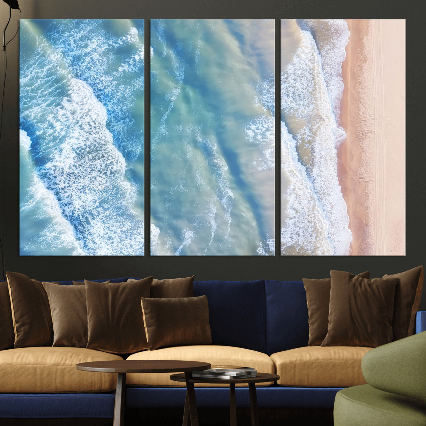 -Aerial Ocean View Wall Art Canvas Print, Framed Soft Blue Waves Art Picture Print, Sandy Shoreline Perfect Modern Coastal Decor Artwork