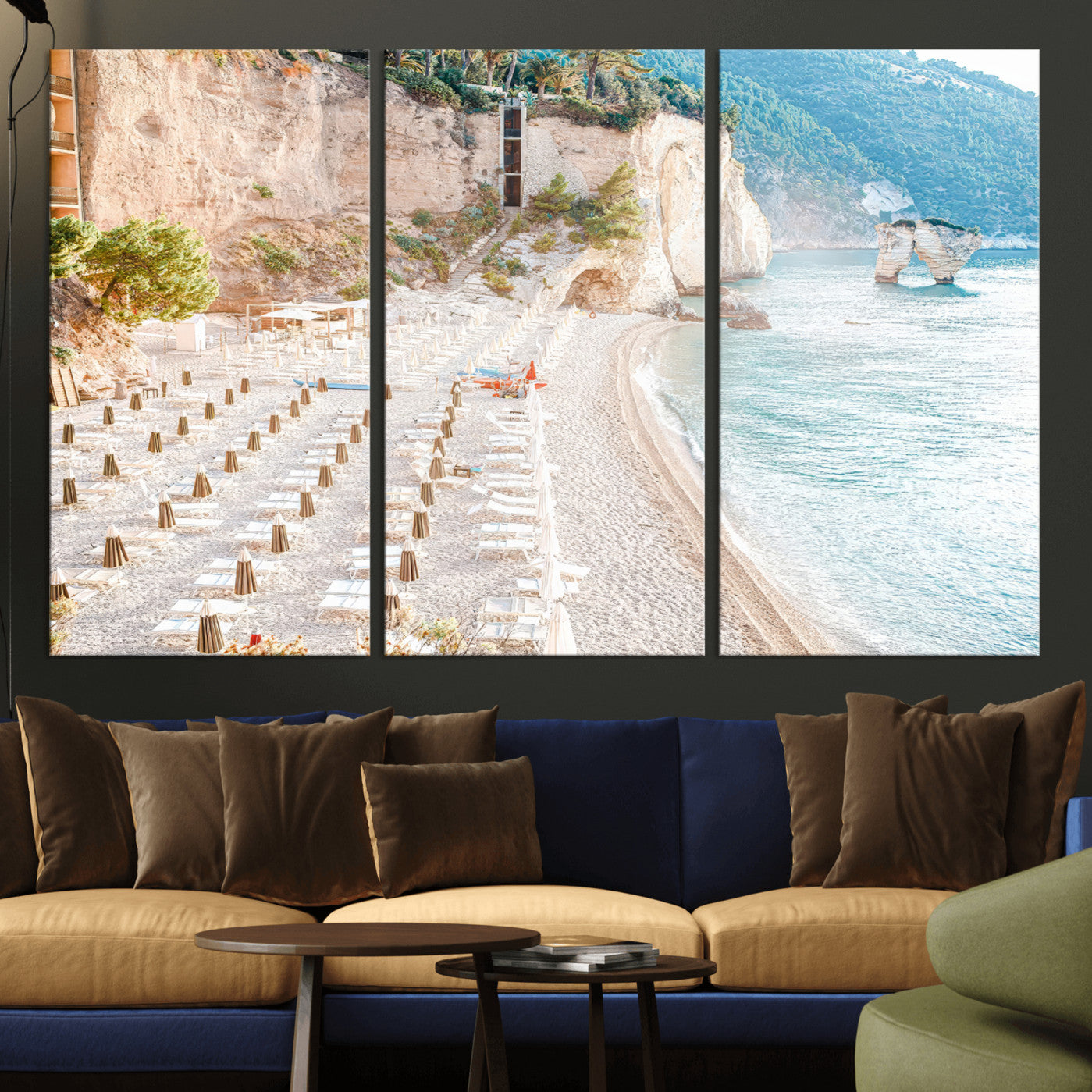 84816639-MGV-CV-36X24 - Sunny Beach Wall Art – Chairs & Umbrellas Canvas Print, Clear Water, Rocky Cliffs, Coastal Calm for Living Room or Vacation Home Decor