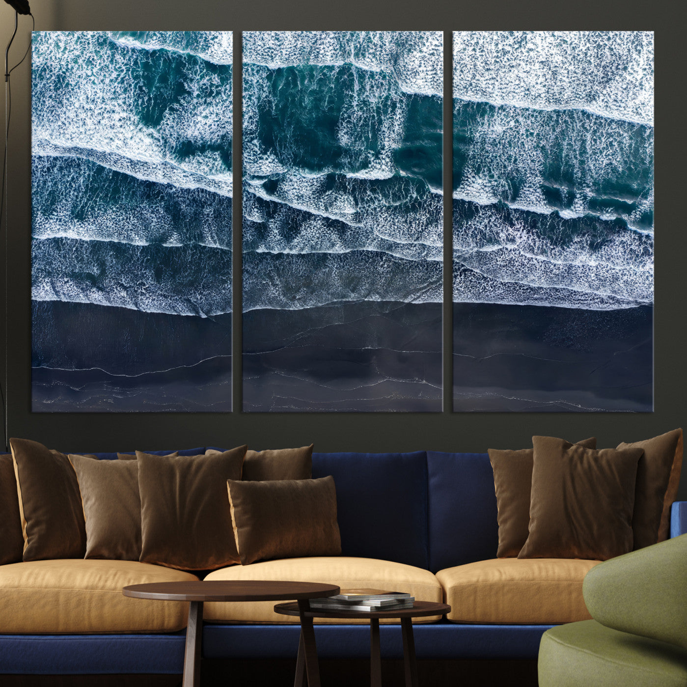 87941475-MGV-CV-36X24-Black Beach Wall Art Canvas Print – Framed Aerial Ocean View Moody Coastal Seascape Nature Artwork for Home Office