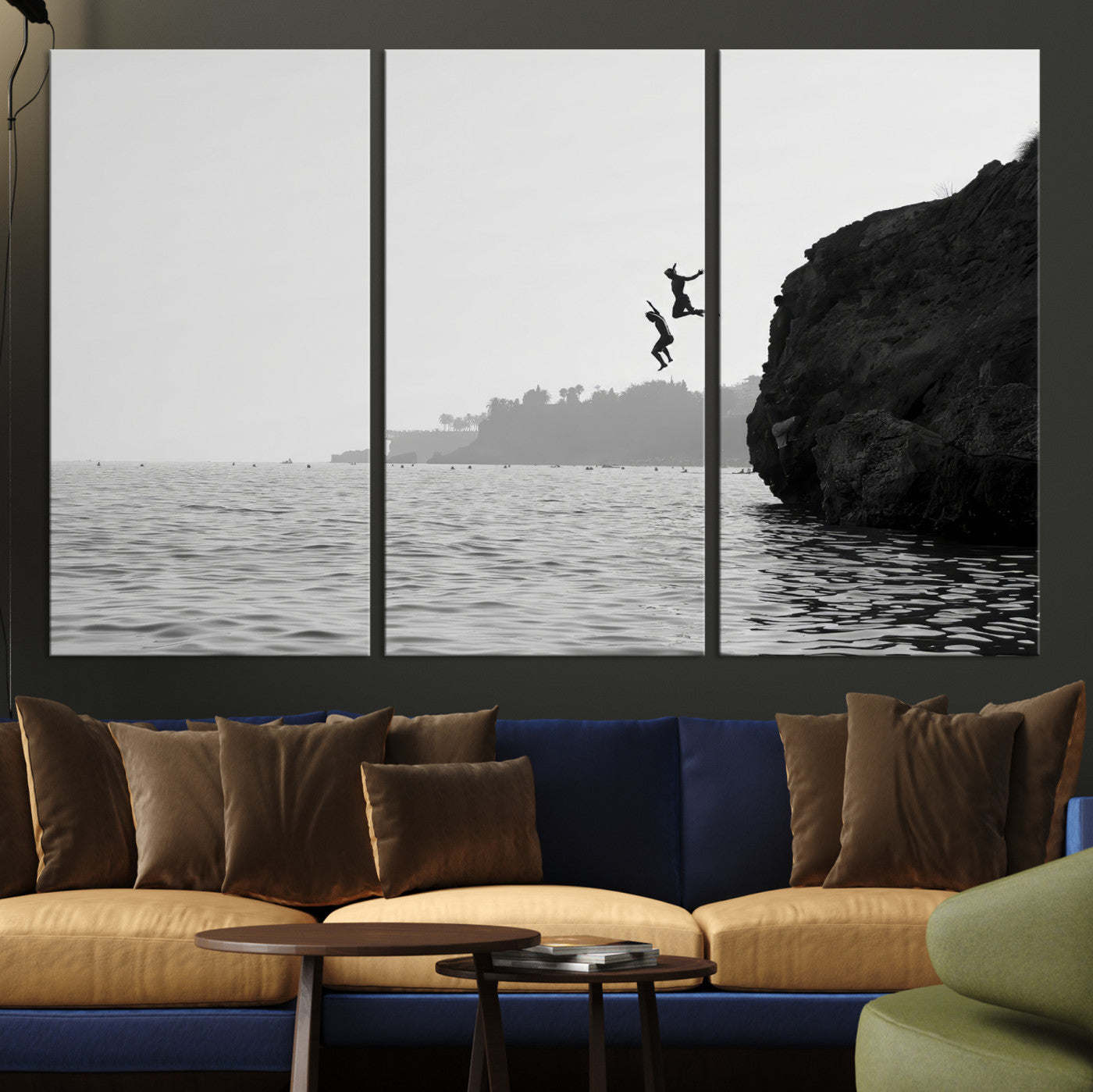 52284302-MGV-CV-36X24-Jumping Wall Art Canvas Print – Framed Coastal Ocean Scene Artwork for Relaxing Beach Home, Office Decor