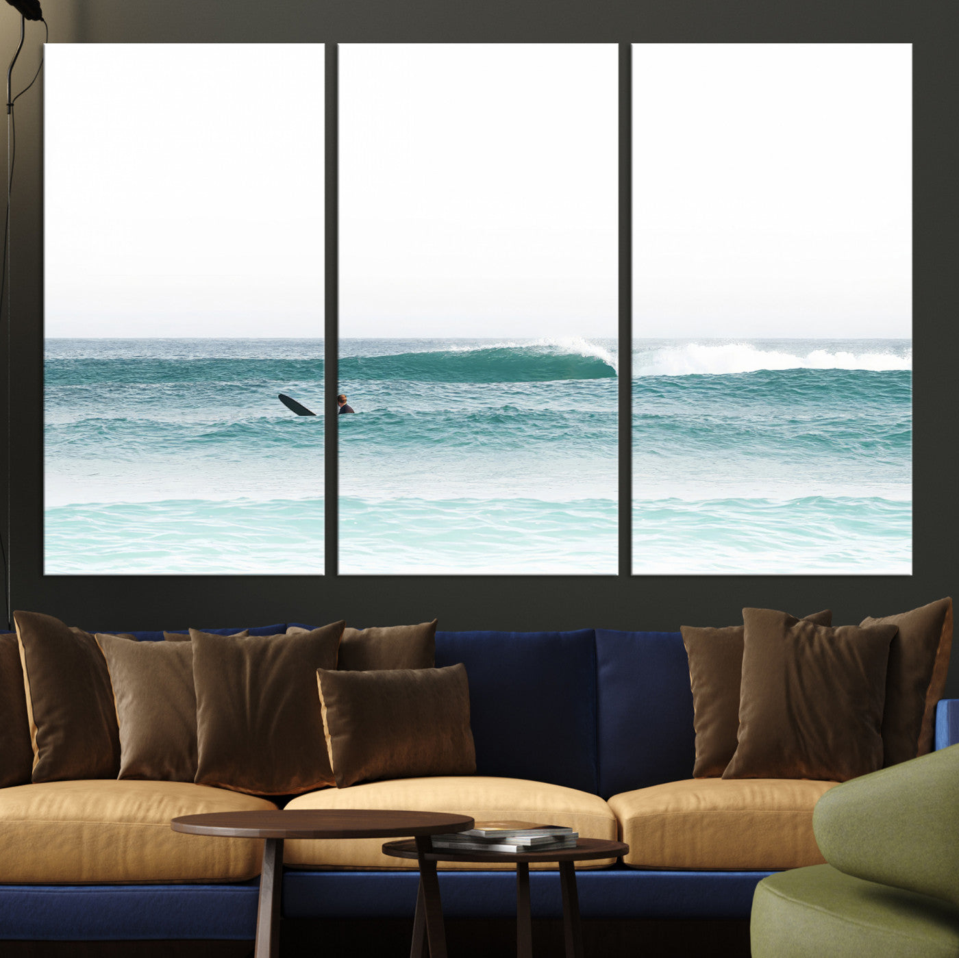 -Surfing Wall Art Canvas Print, Framed Ocean Art Picture Print, Waves Perfect Minimalist Decor for Living Room, Bedroom or Office