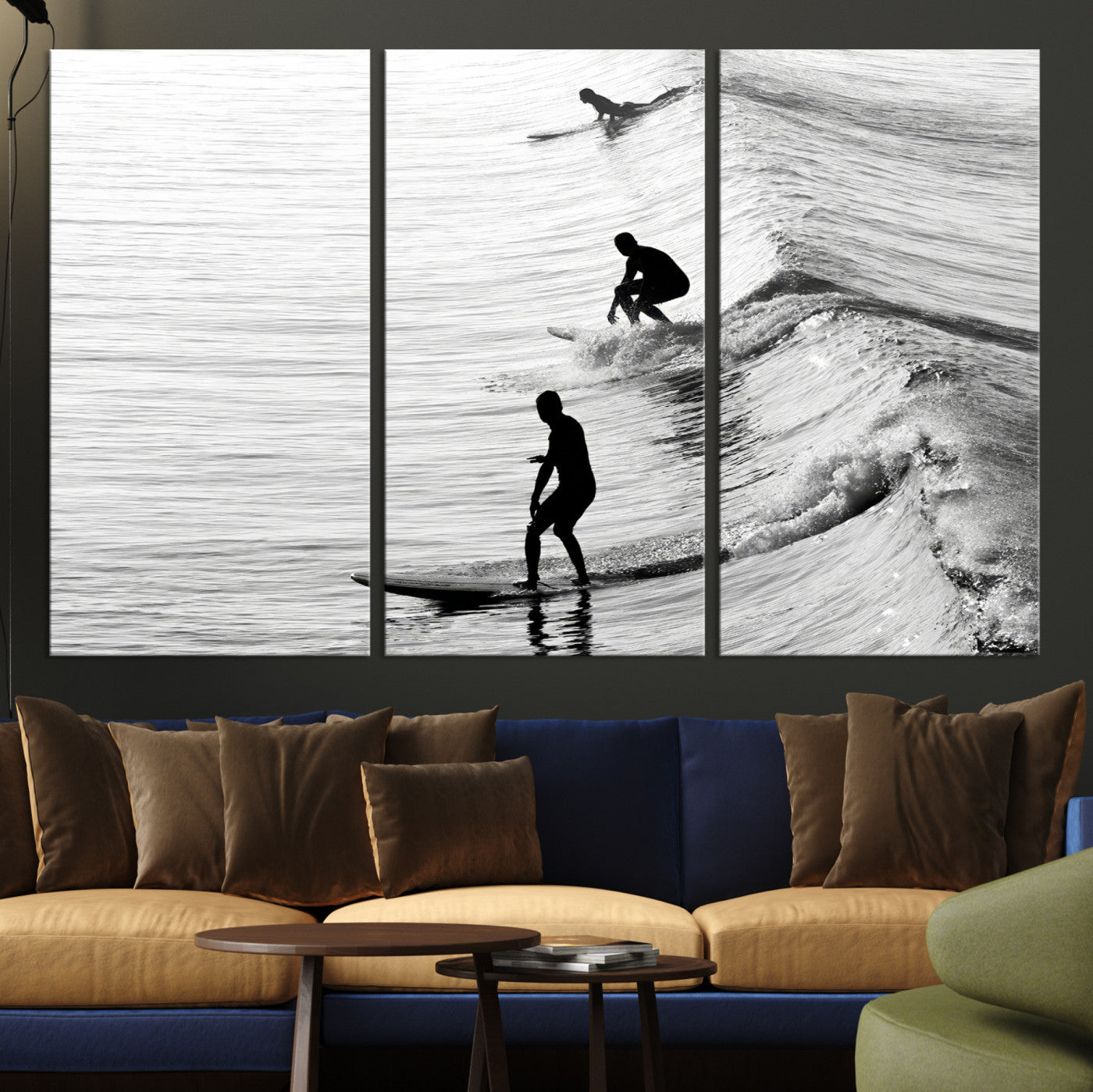 -Surfers on Waves Wall Art Canvas Print, Framed Black White Surf Art Picture Print, Monochrome Ocean