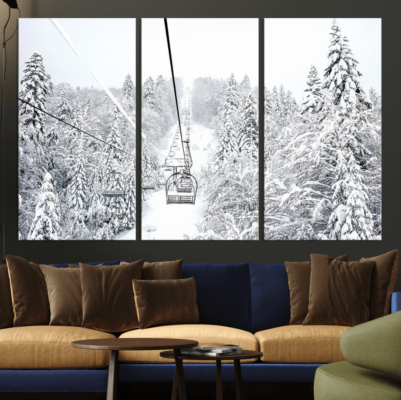 44705668-MGV-CV-36X24-Snowy Ski Lift Wall Art – Framed Winter Mountain Canvas Artwork, Serene Forest Design, Modern Nature Decor for Home, Office