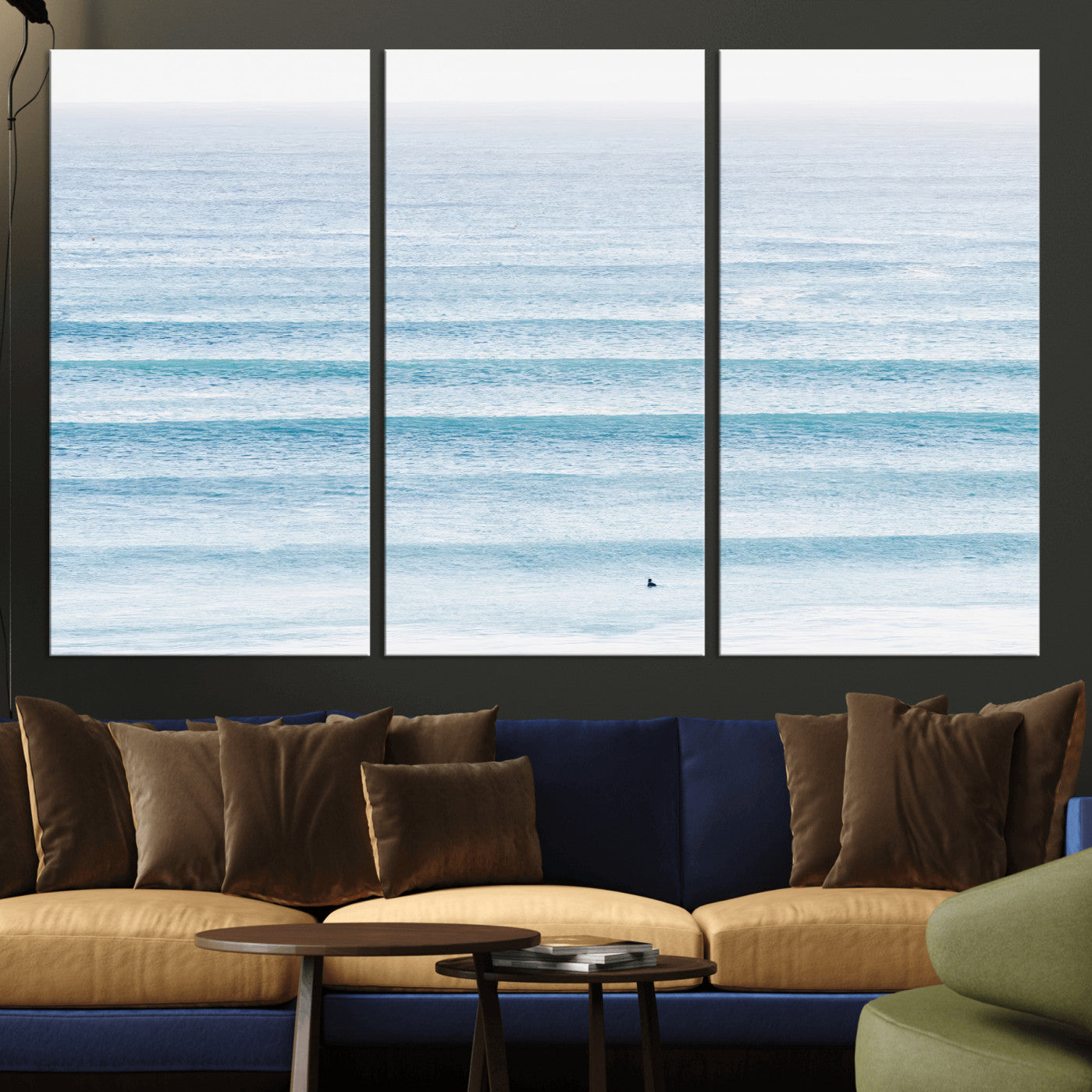 77145995-MGV-CV-36X24-Ocean Wave Surfer Wall Art – Framed Minimal Seascape Canvas Artwork, Calm Blue Water Design, Coastal Decor for Home, Office