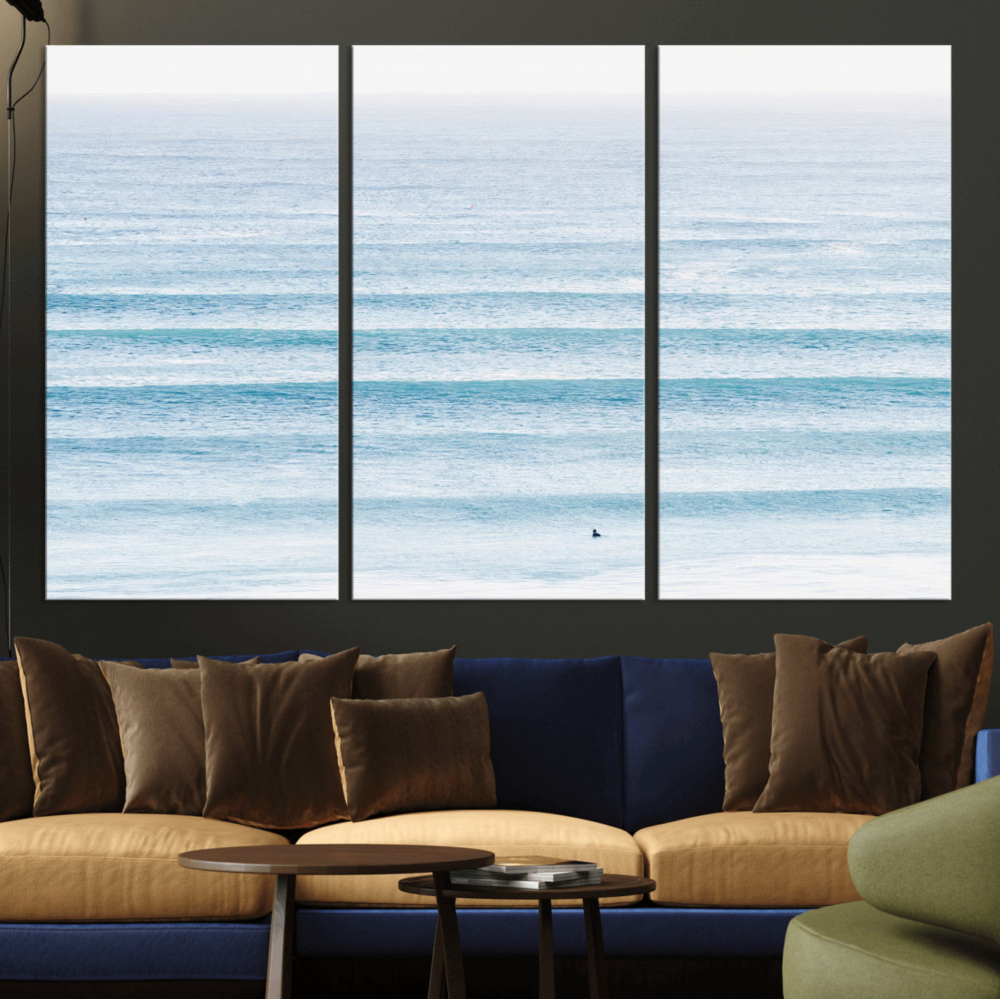 77145995-MGV-CV-36X24-Ocean Wave Surfer Wall Art – Framed Minimal Seascape Canvas Artwork, Calm Blue Water Design, Coastal Decor for Home, Office