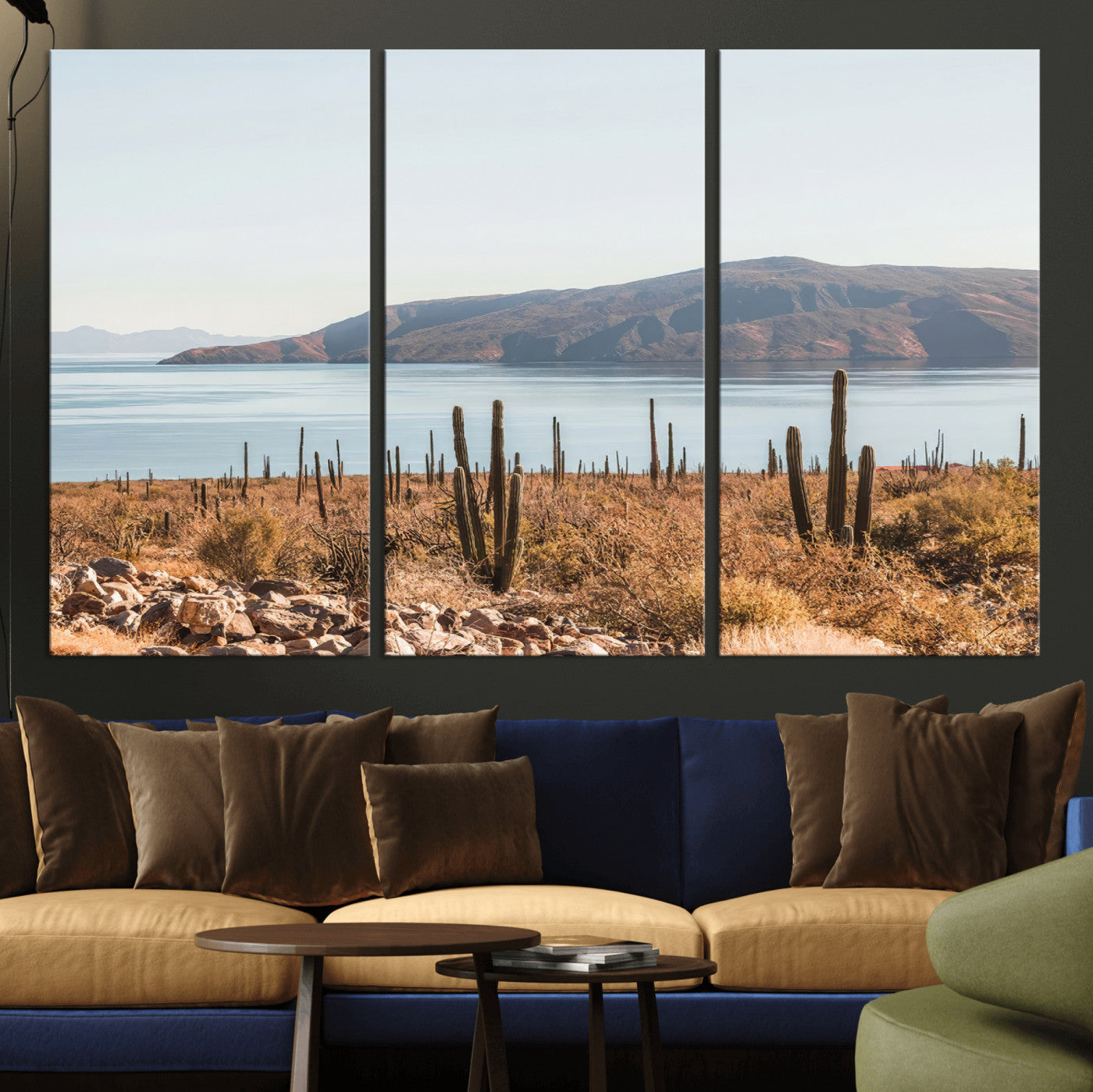 MGV-CV-48X32-3P - Desert Cactus Wall Art Canvas Print, Framed Baja Coastline Art Picture Print, Coastal Desert Perfect Southwestern Minimalist Decor Artwork