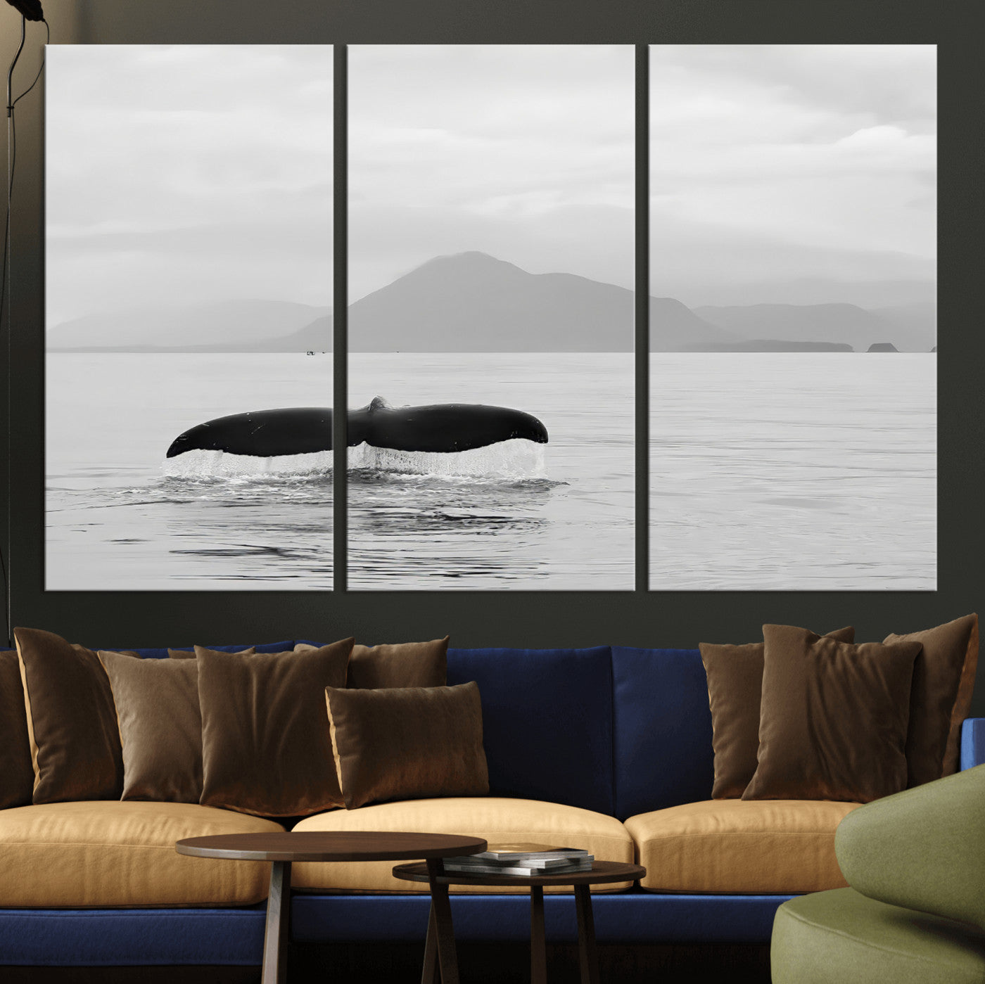 MGV-CV-48X32-3P - Whale Tail Wall Art Canvas Print, Framed Black White Ocean Art Picture Print, Calm Marine Perfect Minimalist Coastal Decor Artwork