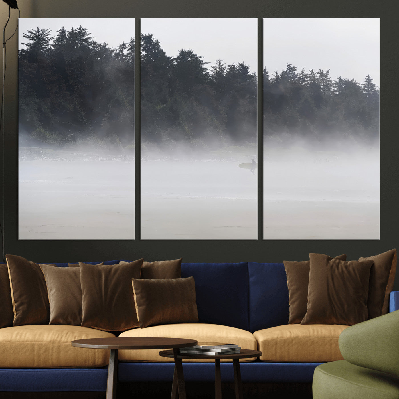 59703275-MGV-CV-36X24-Surfer Fog Wall Art Canvas Print – Framed Foggy Beach Scene with Coastal Surf Artwork for Home, Office, Living Room