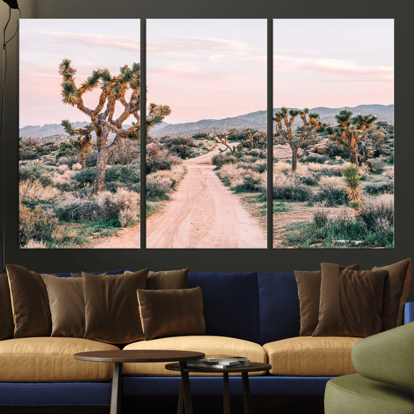 MGV-CV-48X32-3P - Desert Trail Wall Art – Canvas Print of Joshua Trees & Sunset Glow, Sandy Path Wilderness, Scenic Nature Escape Decor for Living Room, Office or Bedroom