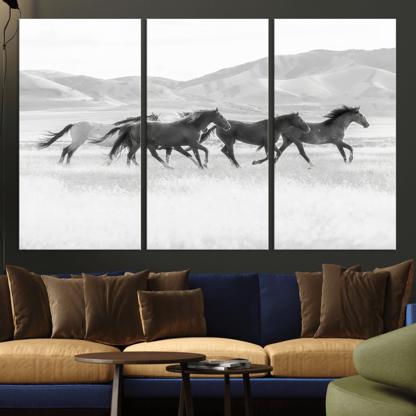 MGV-CV-48X32-3P - Wild Horses Wall Art – Black & White Canvas Print of Herd Running, Nature in Motion, Freedom & Beauty Decor for Guest Room, Office or Living Room