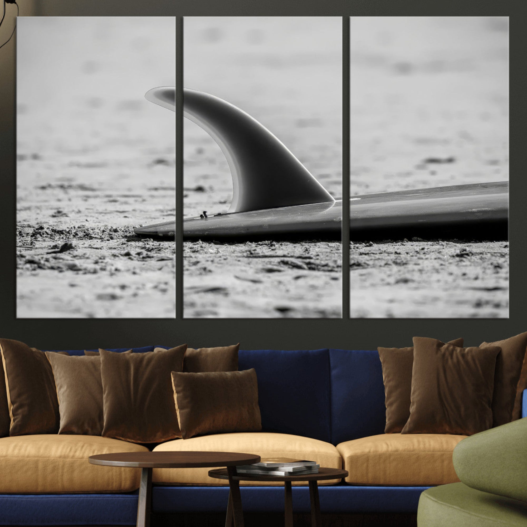 MGV-CV-48X32-3P - Black White Surfboard Wall Art Canvas Print, Framed Minimalist Beach Art Picture Print, Surf Fin Perfect Minimalist Coastal Decor Artwork