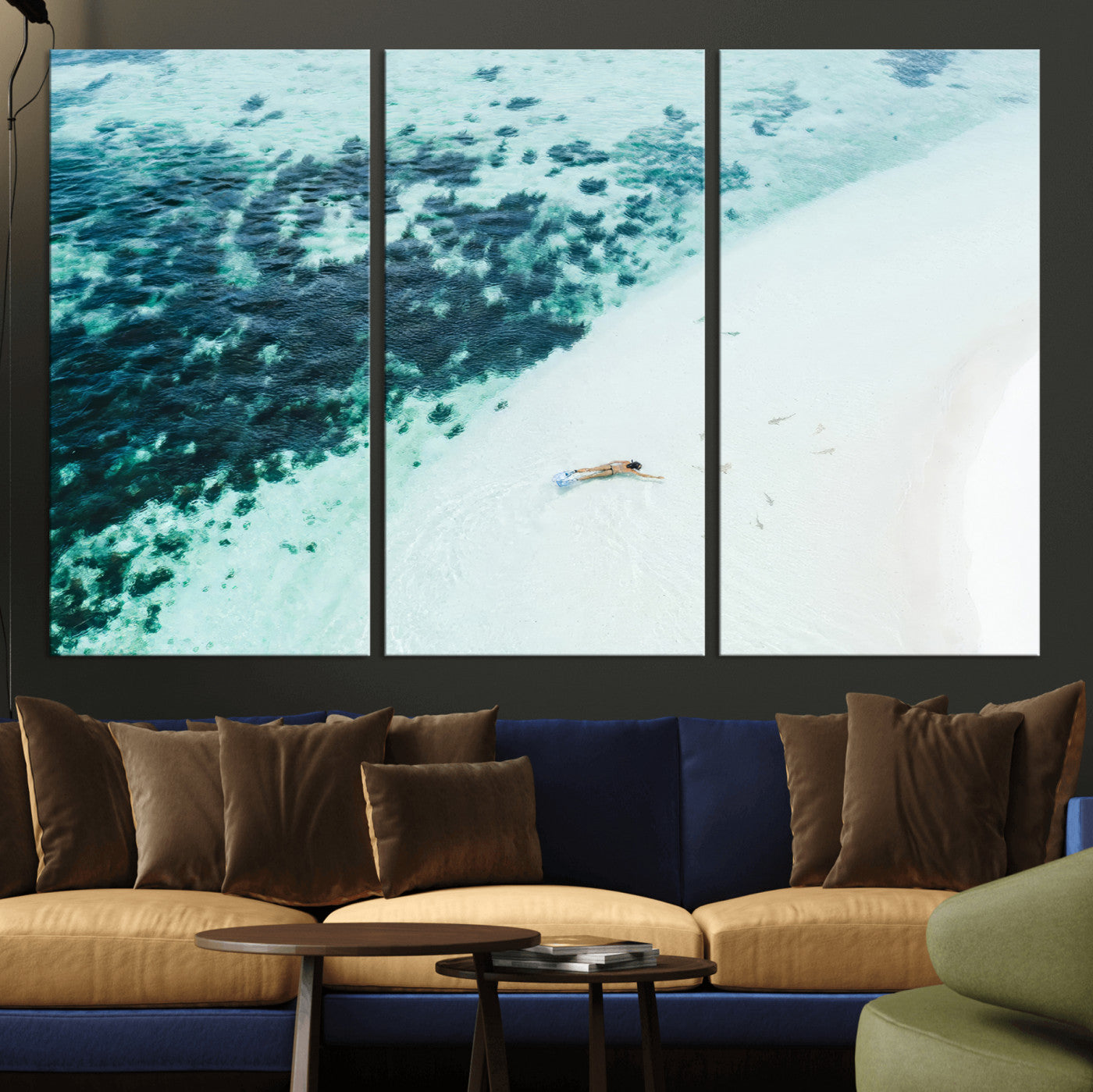 33764764-MGV-CV-36X24-Minimal Beach Wall Art – Framed Ocean Swimming Canvas Artwork, Clear Blue Sea Design, Modern Coastal Decor for Home, Office