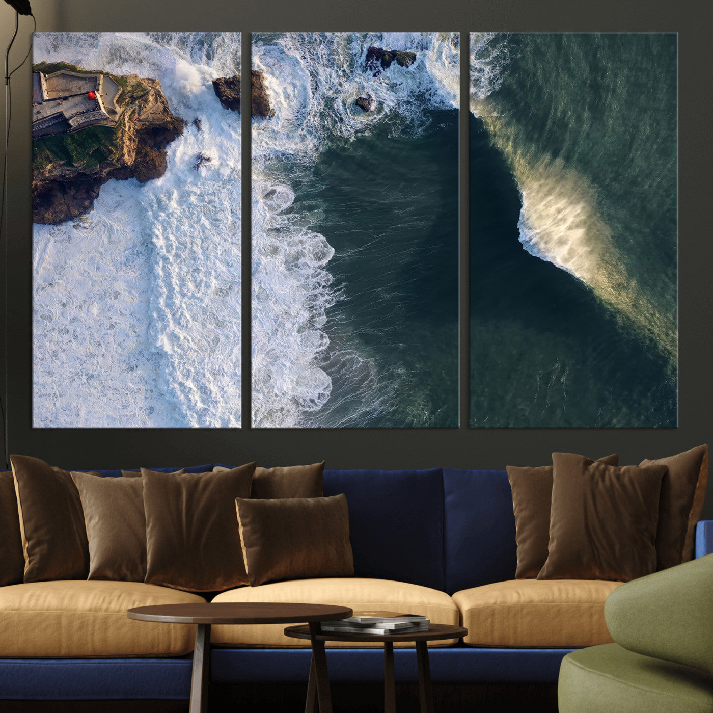 MGV-CV-48X32-3P - Nazaré Coast Wall Art Canvas Print, Framed Aerial Ocean Art Picture Print, Coastal Fortress Perfect Dramatic Coastal Decor Artwork