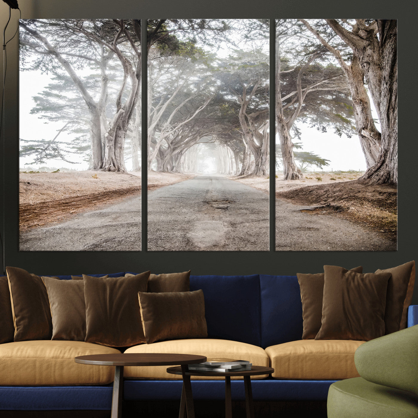 87090469-MGV-CV-36X24-Cypress Tunnel Wall Art – Framed Misty Road Canvas Artwork, Foggy Trees Design, Rustic Woodland Nature Decor for Home, Office