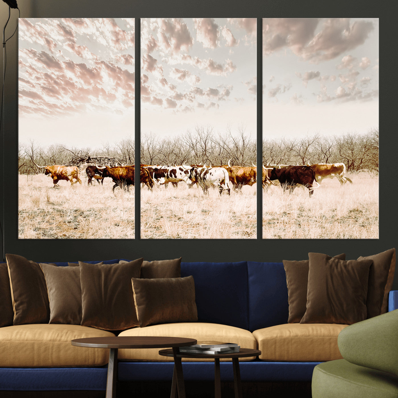 64892775-MGV-CV-36X24-Longhorn Cattle Wall Art Canvas Print – Framed Texas Ranch Scene with Western Cow Artwork for Home, Office