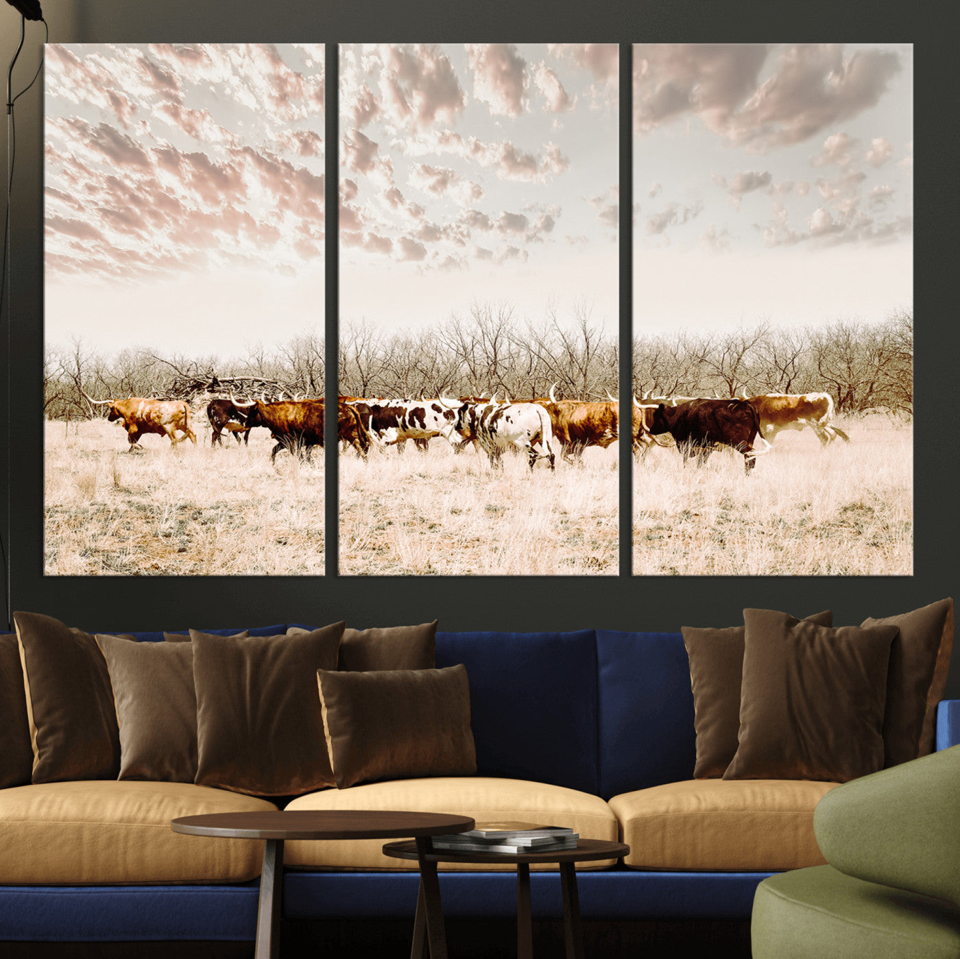 64892775-MGV-CV-36X24 - Longhorn Cattle Wall Art Canvas Print, Framed Texas Ranch Art Picture Print, Western Cow Perfect Western Decor Artwork