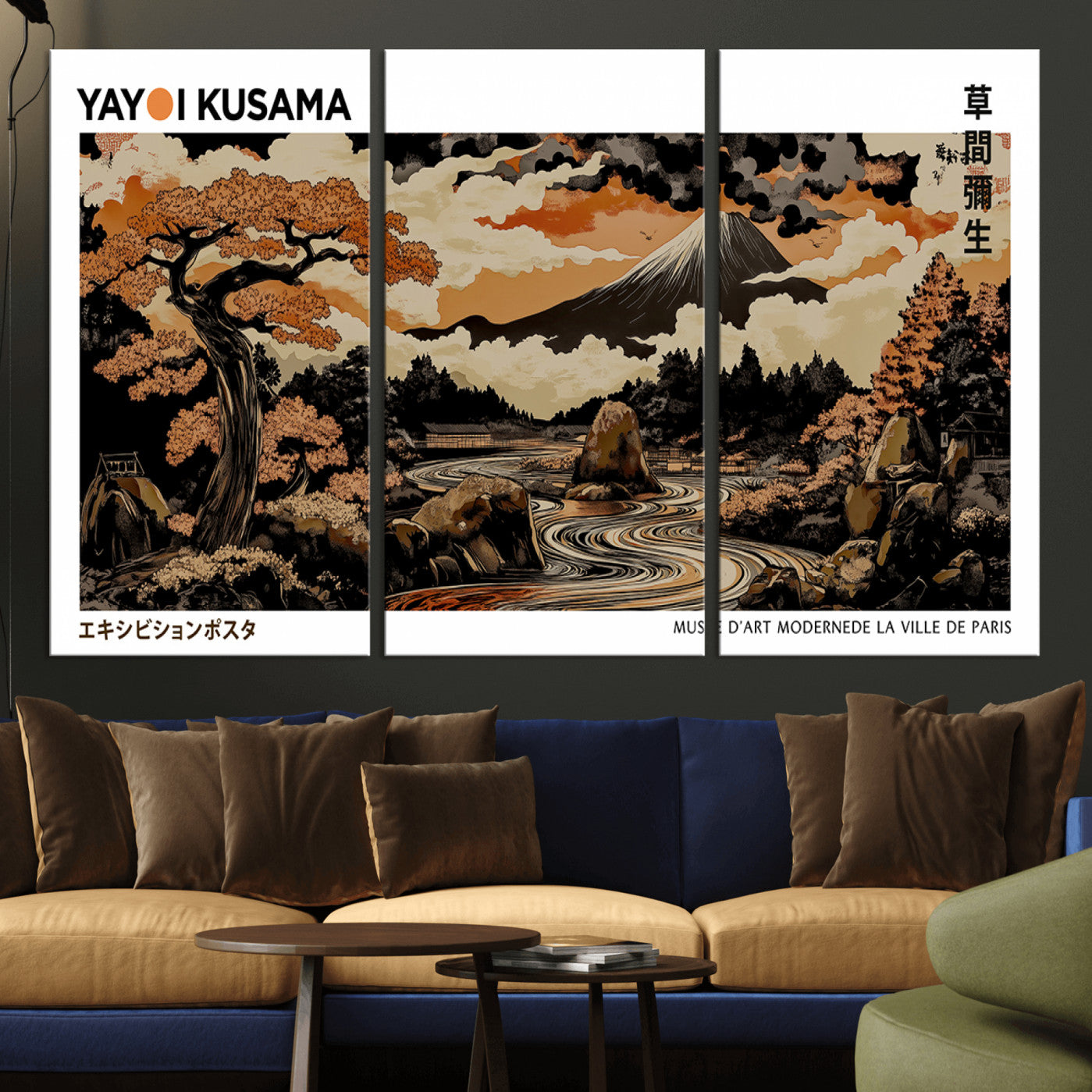 -Modern Japanese Wall Art Print Yayoi Kusama Canvas Wall Art Abstract Mount Fuji Canvas Print
