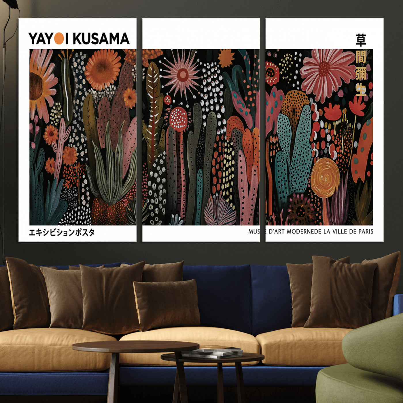 70632622-MGV-CV-36X24-Modern Japanese Wall Art Canvas Print – Framed Abstract Mount Fuji Scene with Yayoi Kusama Artwork for Home, Office