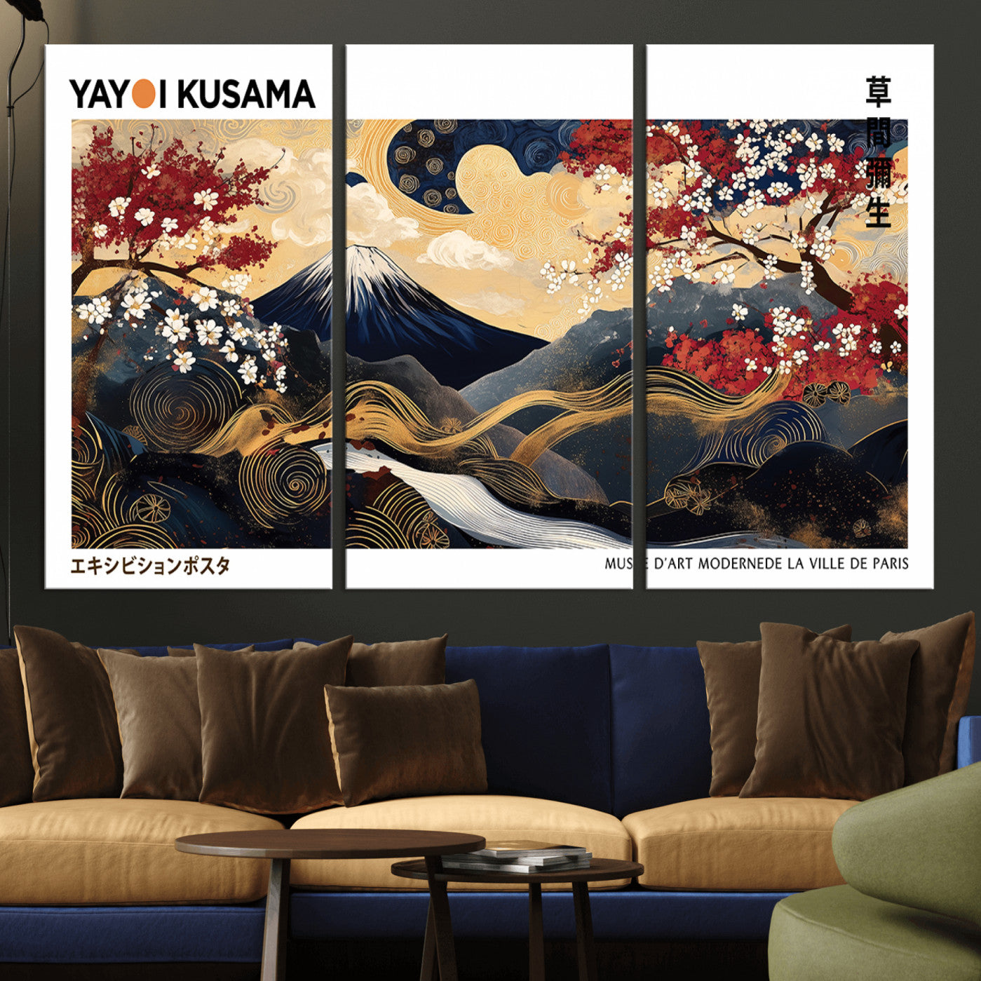 66243961-MGV-CV-36X24-Modern Mount Fuji Wall Art Canvas Print – Framed Abstract Mount Fuji Scene with Yayoi Kusama Artwork for Home, Office