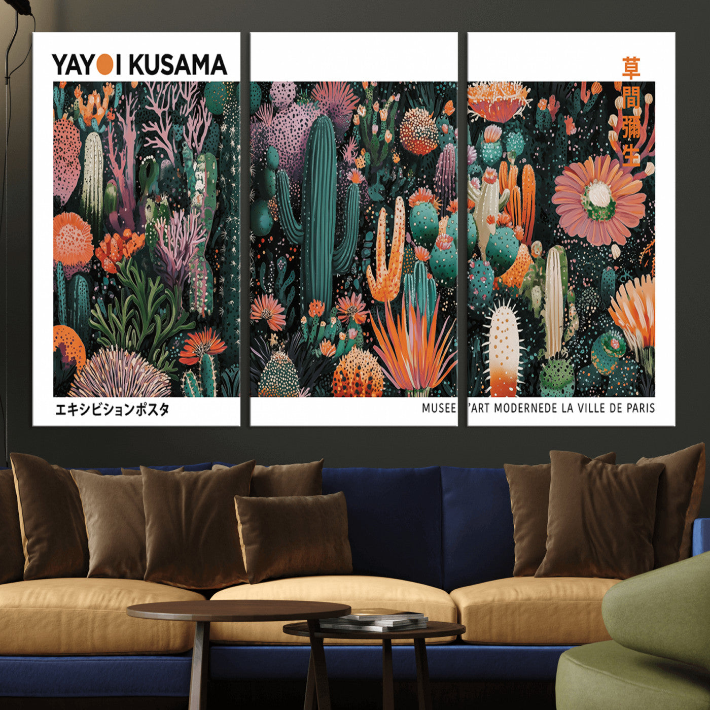 13391380-MGV-CV-36X24-Modern Japanese Wall Art Canvas Print – Framed Abstract Mount Fuji Scene with Yayoi Kusama Artwork for Home, Office