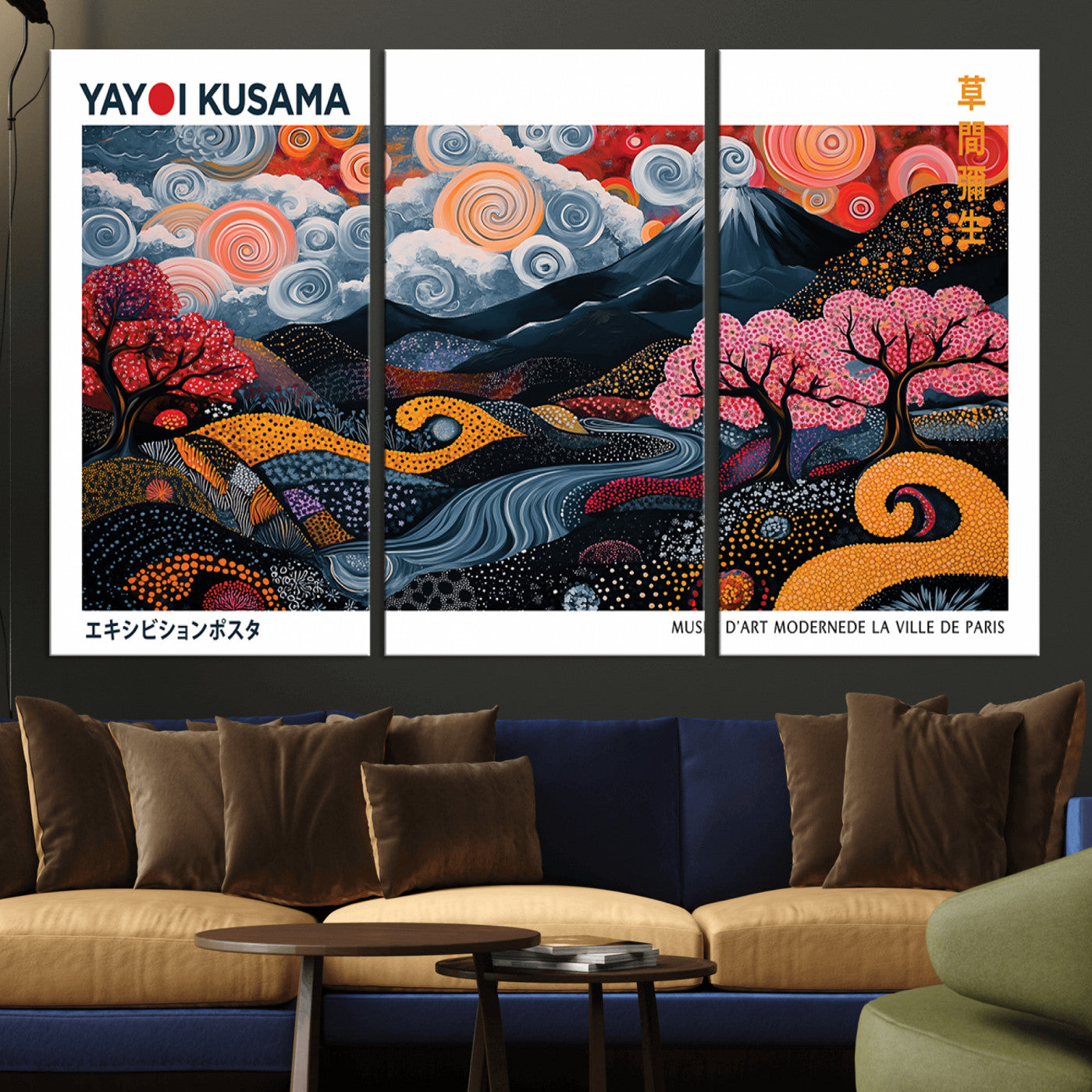 -Modern Japanese Wall Art Print Yayoi Kusama Canvas Wall Art Abstract Mount Fuji Canvas Print
