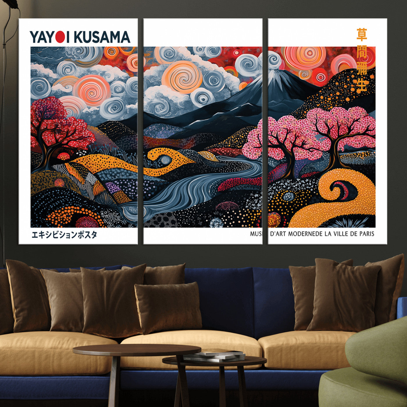 43879290-MGV-CV-36X24-Modern Japanese Wall Art Canvas Print – Framed Abstract Mount Fuji Scene with Yayoi Kusama Artwork for Home, Office