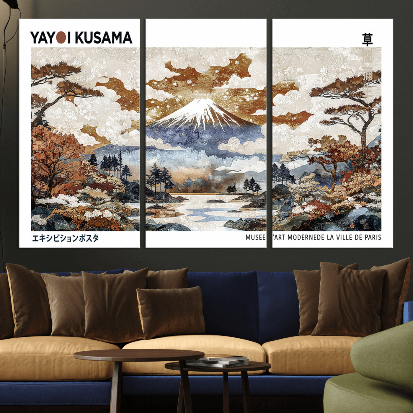 80111817-MGV-CV-36X24-Modern Japanese Wall Art Canvas Print – Framed Abstract Mount Fuji Scene with Yayoi Kusama Artwork for Home, Office