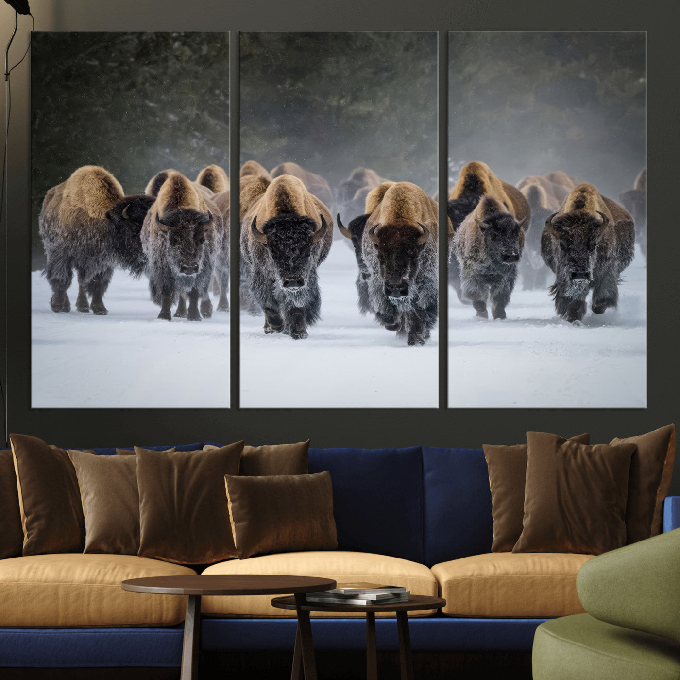 41669135-MGV-CV-36X24 - Winter Bison Herd Wall Art – Majestic Buffalo Charge Canvas Print with Snow Covered Plains, Rustic Wildlife Strength and Untamed Nature Decor for Home and Office