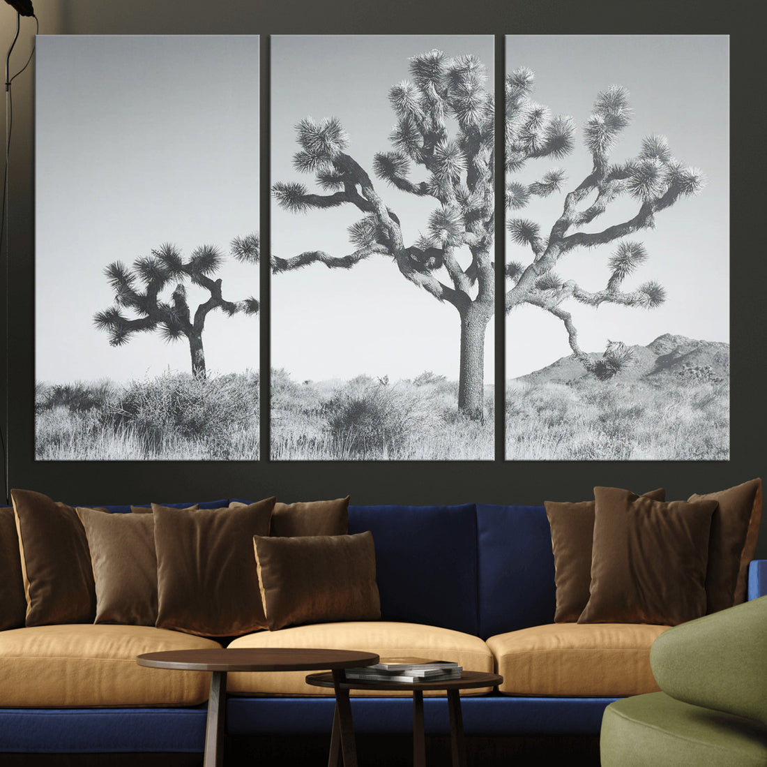 Joshua Trees Wall Art Canvas Print, Framed Black and White Desert Hills Landscape