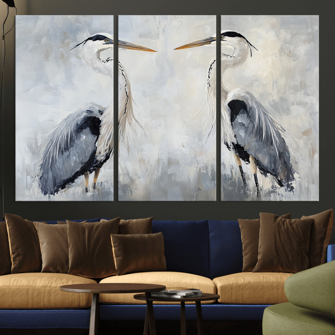 90806932-MGV-CV-48X32-3P-Heron Wall Art Canvas Print – Framed Bird Nature Inspired Coastal Minimalist Wildlife Artwork for Home Office
