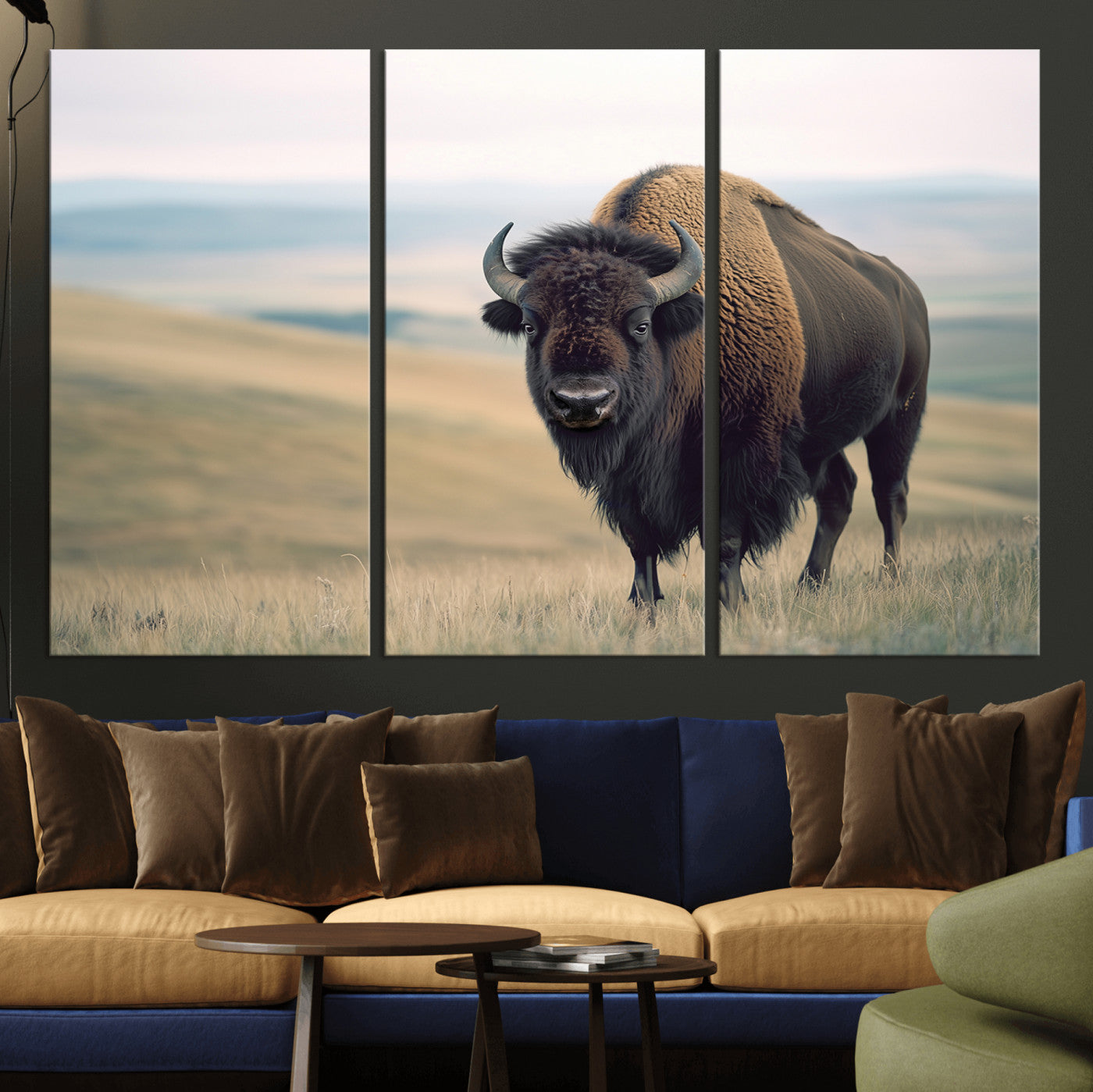 60097194-MGV-CV-48X32-3P-Bison Wall Art Canvas Print – Framed Buffalo American Bison Western Ranch Rustic Animal Artwork for Home, Office