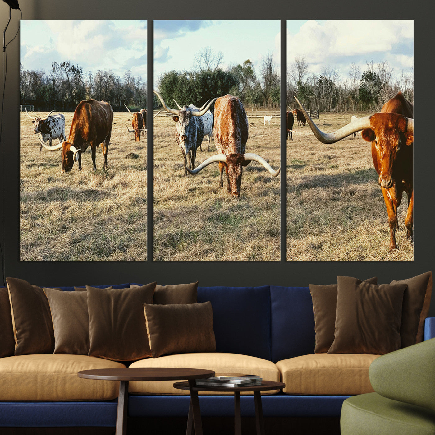 -Texas Longhorns Wall Art Canvas Print – Rustic Western Farm Scene Cattle Country Landscape Artwork for Home Office