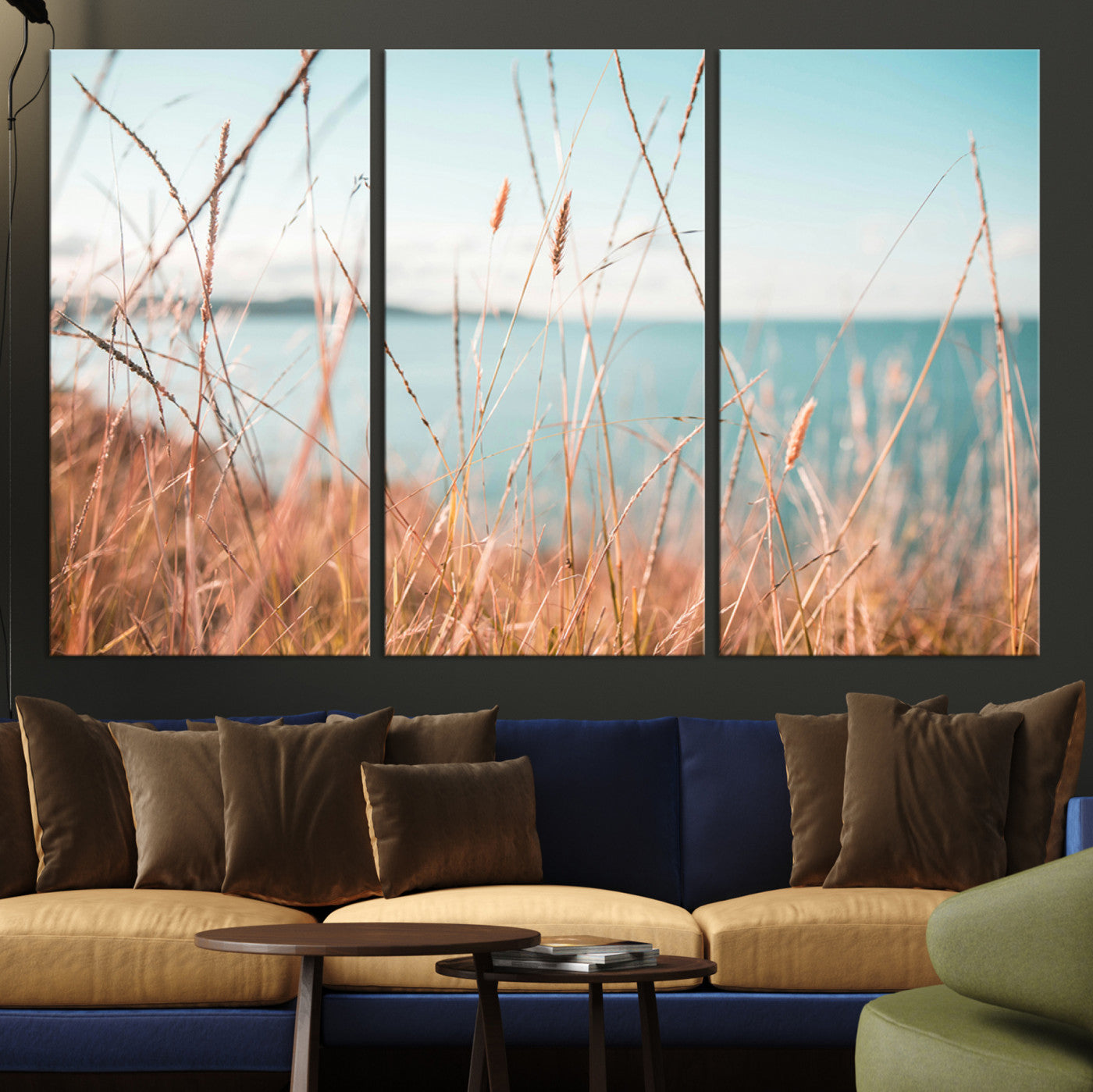 36108696-MGV-CV-36X24-Coastal Grass Landscape Wall Art Canvas Print – Golden Shoreline Nature Scene Serene Ocean View Artwork for Home Office