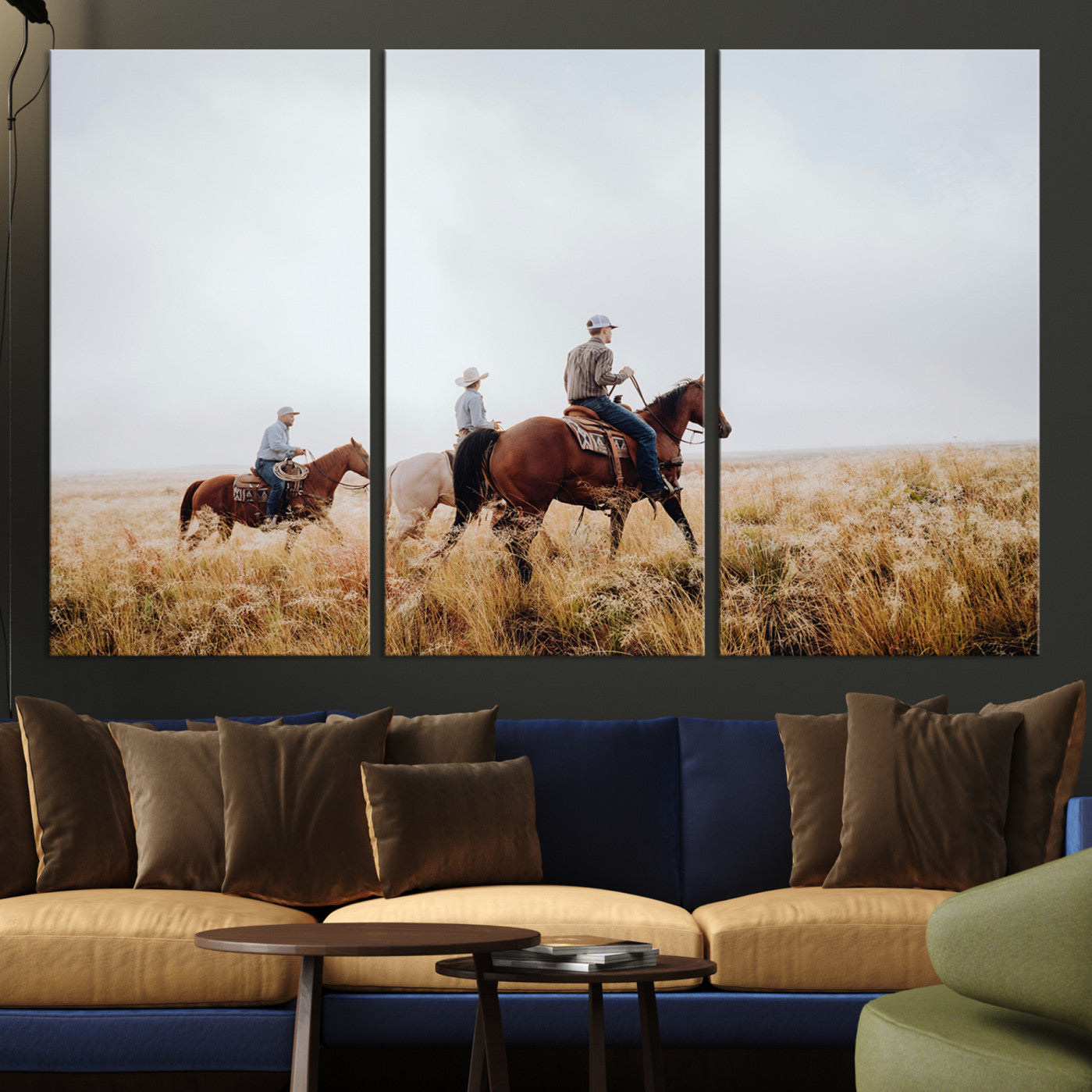 94723307-MGV-CV-36X24-Western Cowboys Wall Art Canvas Print – Rustic Prairie Horseback Riding Scene Country Landscape Artwork for Home Office