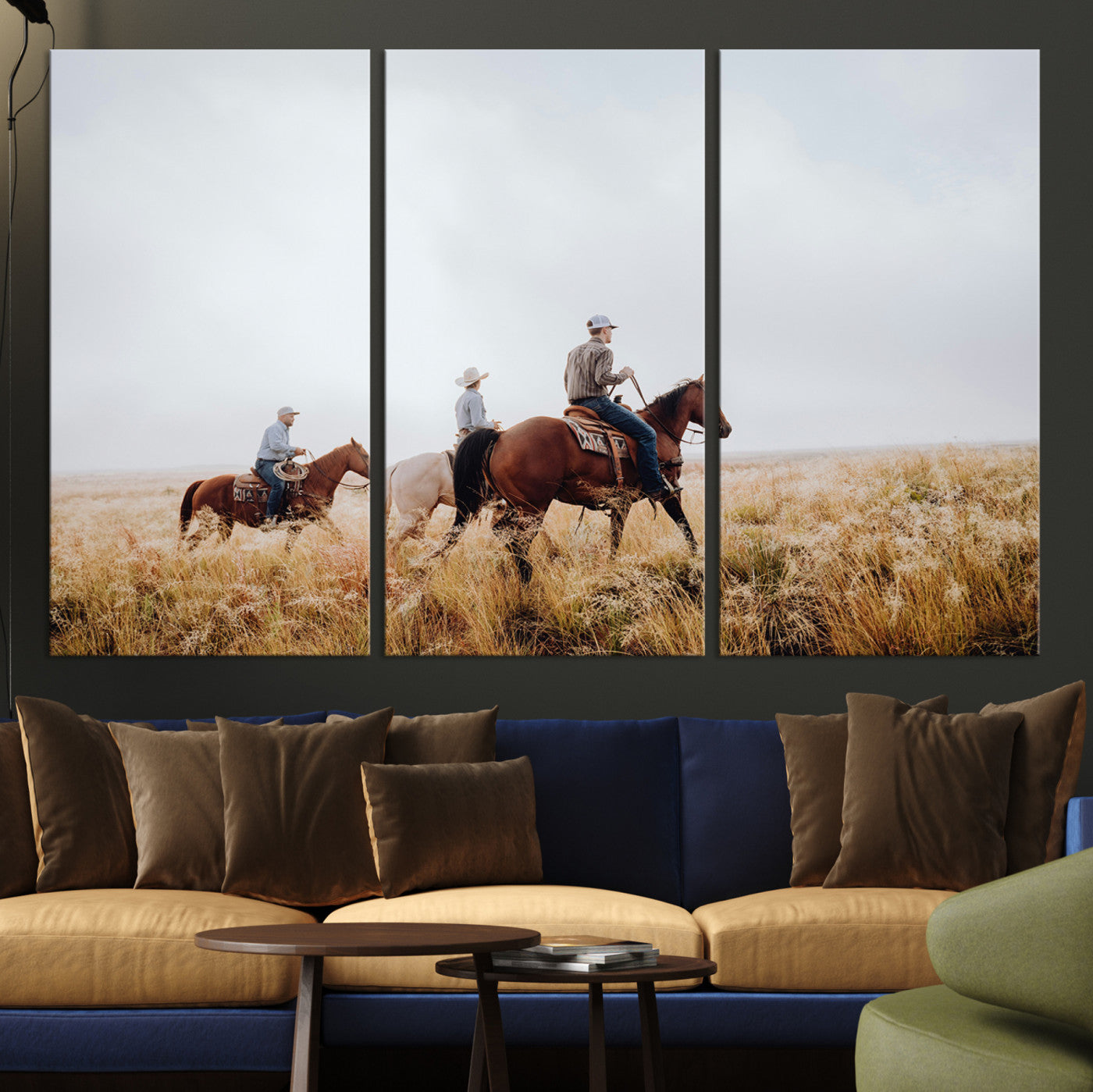 94723307-MGV-CV-36X24-Western Cowboys Wall Art Canvas Print – Rustic Prairie Horseback Riding Scene Country Landscape Artwork for Home Office