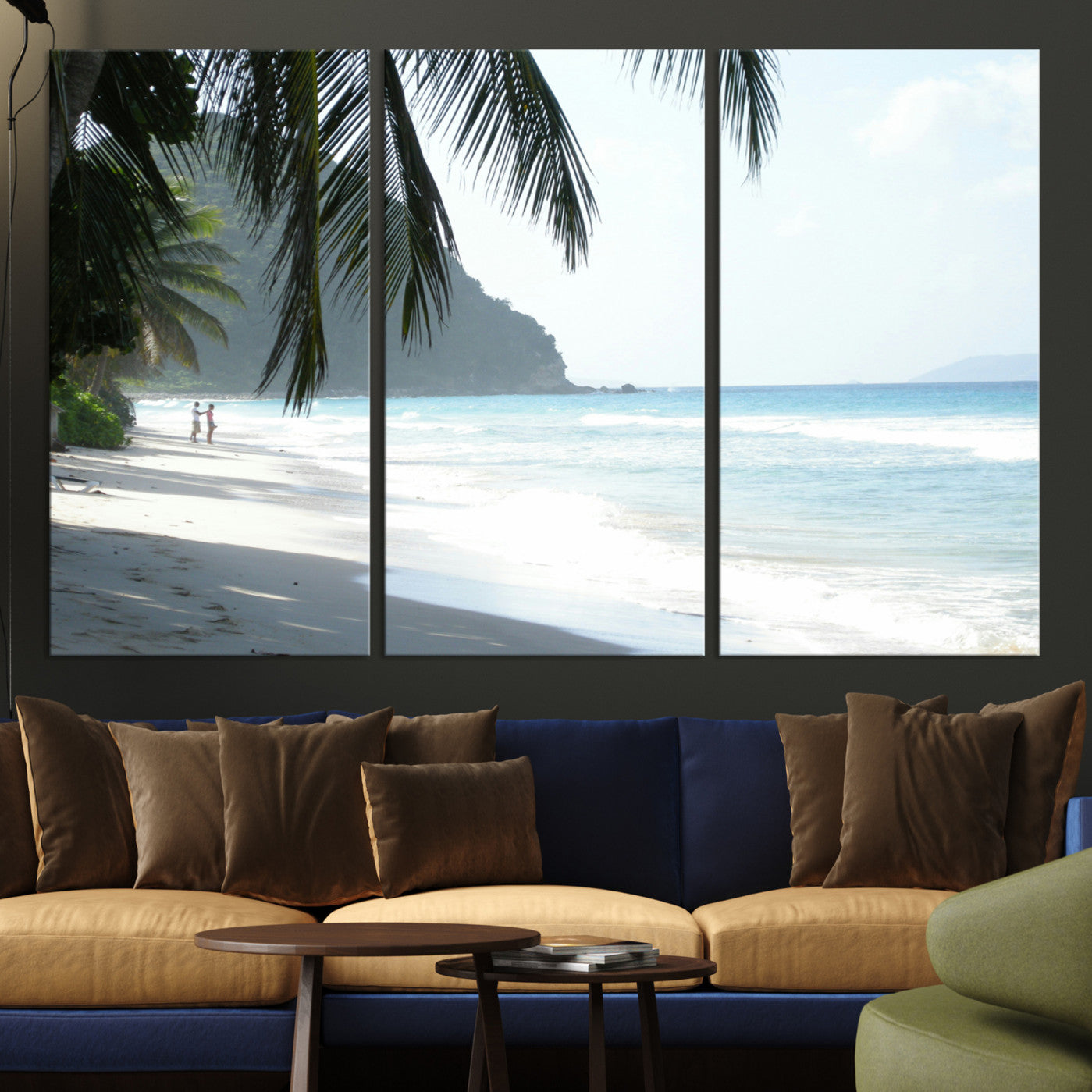 -Tropical Beach Wall Art Canvas Print – Framed Serene Ocean Scene Palm Tree Shadows Coastal Nature Artwork for Home Office