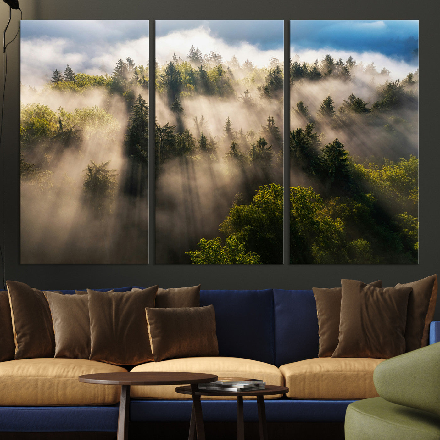 -Tranquil Forest Scene Wall Art Canvas Print – Framed Moody Sunbeam Through Trees Nature Artwork for Home Office