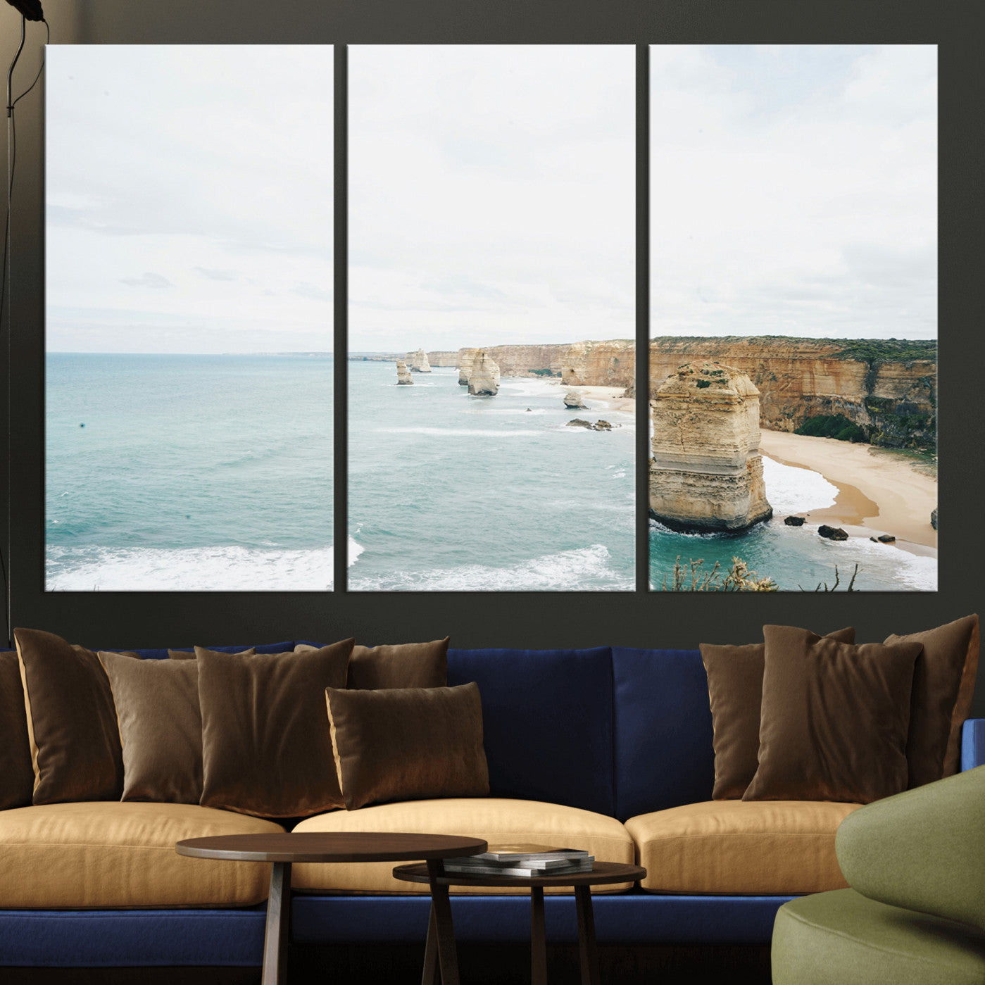 70095633-MGV-CV-48X32-3P-Twelve Apostles Wall Art Canvas Print – Framed Coastal Cliffs Rugged Rock Formations Artwork for Home Office