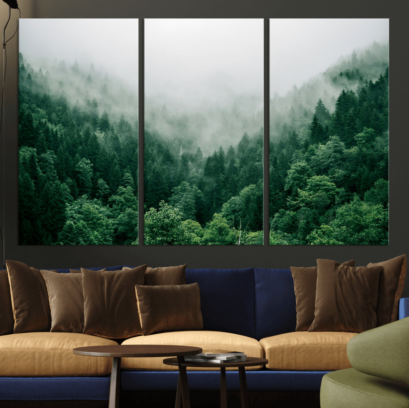 45265379-MGV-CV-36X24-Misty Green Forest Canvas Print – Framed Serene Foggy Pine Landscape Tranquil Nature Wall Art for Home, Office